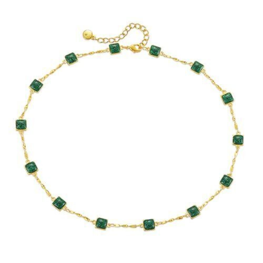 3899 Emerald Choker Necklace Emerald color 18k Gold Plated Square Dainty